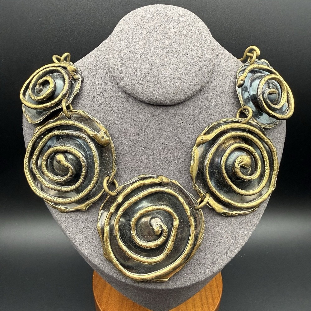 Artisan Brass Bronze Tone Flower Collier Necklace Statement Brutalist Metalwork